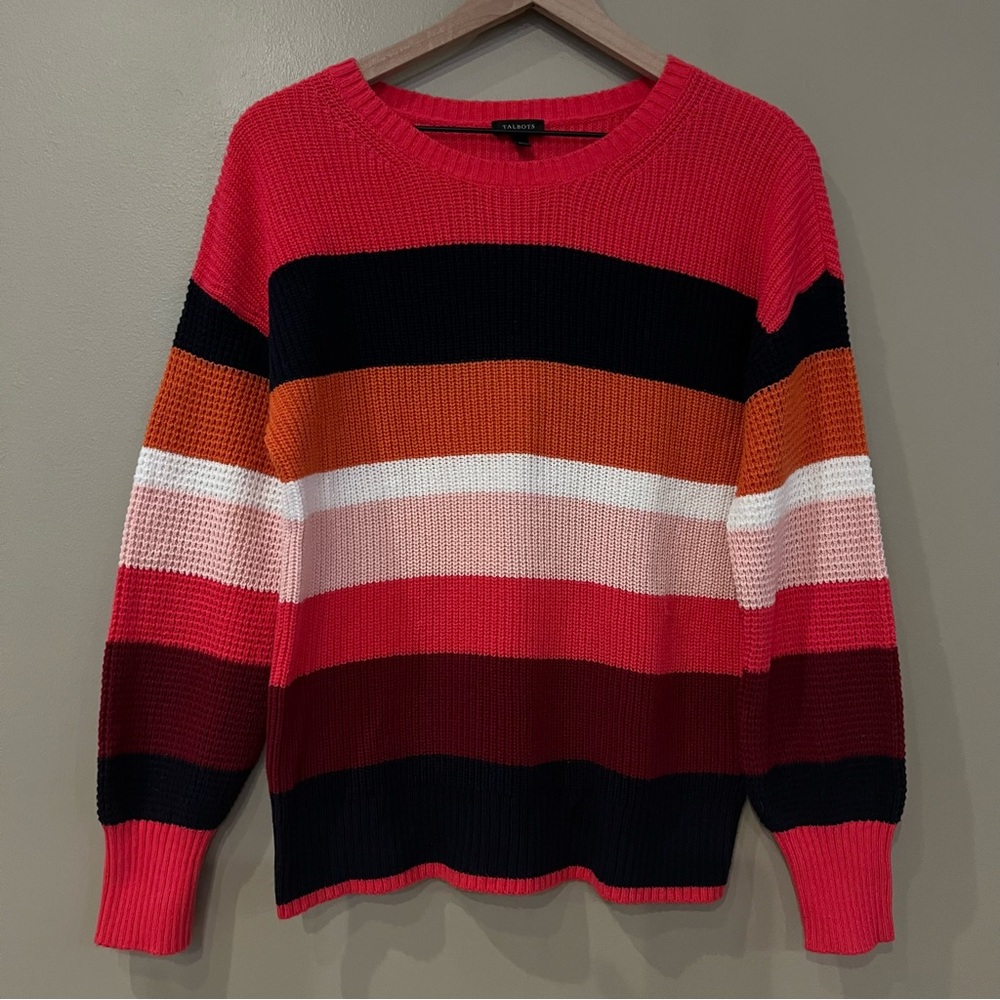 Talbots Striped Mixed Knit Sweater Crewneck Cotton Blend SZ Small Bright Pink‎